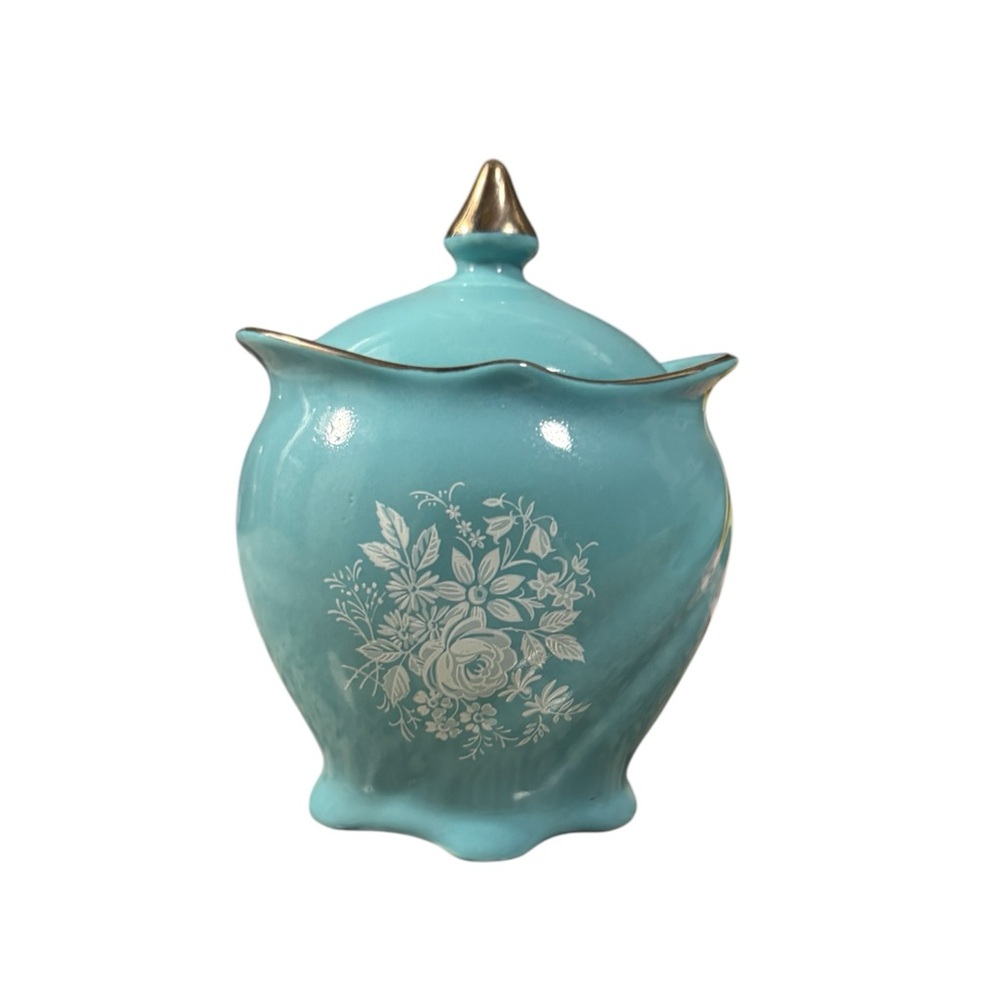 Royal Winton Tiffany Blue Floral Sugar Dish with Gold Accents